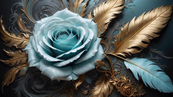 عکس باکیفیت رز آبی و پرهای طلایی برای چاپ تابلو