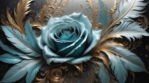 تصویر پانوراما گل رز فیروزه‌ای و پرهای طلایی برای تابلو