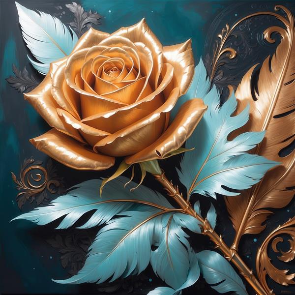 عکس گل رز طلایی و پرهای آبی روشن برای روتختی