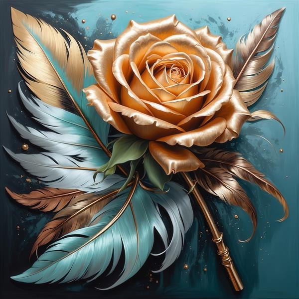 تصویر گل رز طلایی با پرهای رنگی برای تابلو لوکس