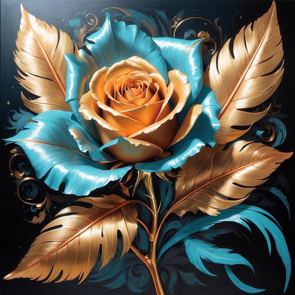 طرح گل رز طلایی و برگ‌های فیروزه‌ای برای پوستر دیواری