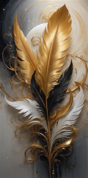 طرح مدرن پرهای طلایی، مشکی و سفید برای چاپ بوم