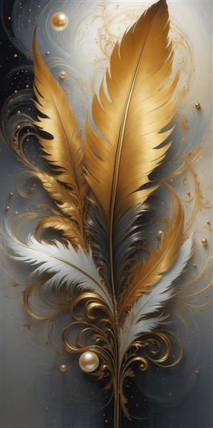 تصویر لوکس پرهای طلایی و سفید با گوی مرواریدی