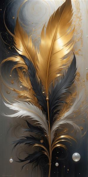 تصویر هنری پرهای طلایی و سیاه با مروارید سفید