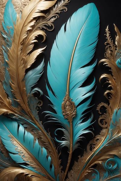 عکس دکوراتیو پرهای فیروزه‌ای برجسته و اسلیمی‌های طلایی