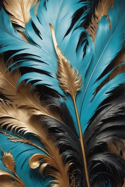 طرح انتزاعی پرهای فیروزه‌ای و مشکی با خطوط طلایی