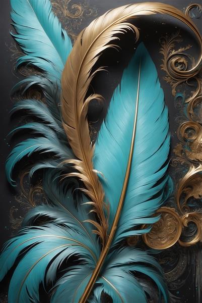 طرح هنری پر طلایی و فیروزه‌ای در زمینه تیره برای تابلو
