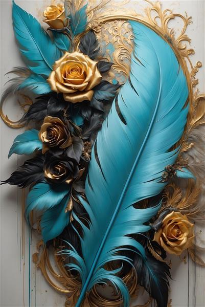طرح فانتزی گل رز و پر فیروزه‌ای برای پوستر دیواری عمودی