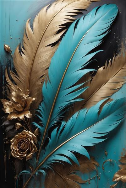 تصویر ترکیب پر و گل رز طلایی برای چاپ روی بوم