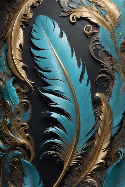 طرح دکوراتیو پرهای فیروزه‌ای برجسته برای چاپ تابلو شیک