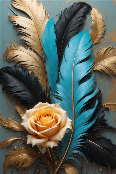 ترکیب هنری گل رز طلایی و پرهای فانتزی رنگی