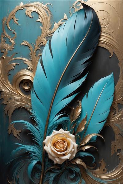 تصویر دکوراتیو رز سفید و پرهای فیروزه‌ای لوکس