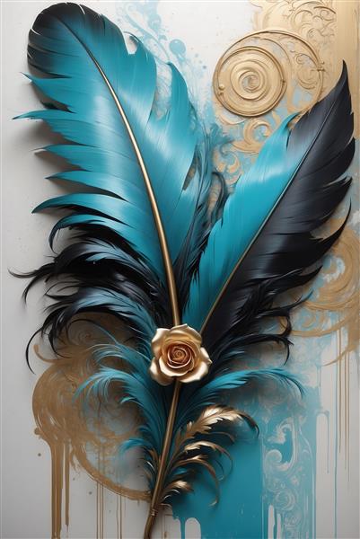 عکس پرهای مشکی و فیروزه‌ای با گل رز مرکزی