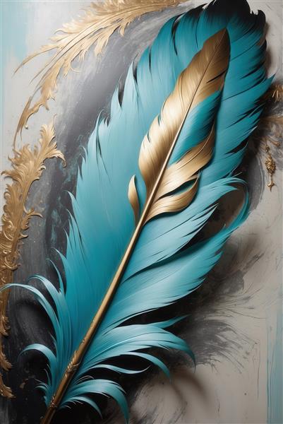 تصویر هنری تک پر فیروزه‌ای با رگه‌های طلایی