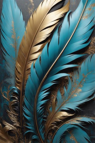 عکس پرهای فانتزی درهم‌تنیده آبی و طلایی برای تابلو