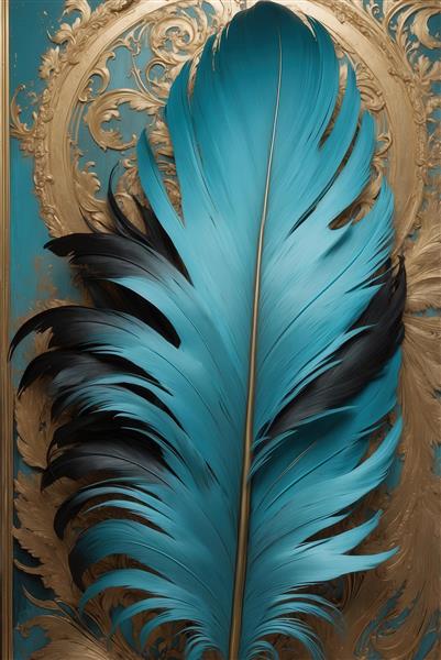 پوستر دیواری لوکس طرح پر فیروزه‌ای و قاب طلایی