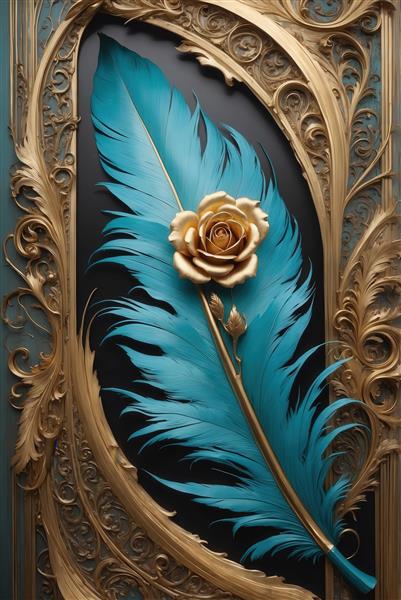 تصویر تک پر فیروزه‌ای و رز طلایی برای قاب