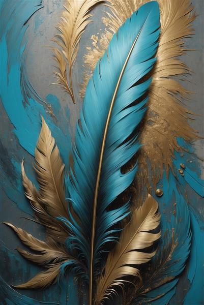 طرح پرهای فیروزه‌ای و طلایی لوکس برای پوستر دیواری