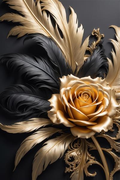 طرح گرافیکی گل رز و پر طلایی برای پوستر دیواری