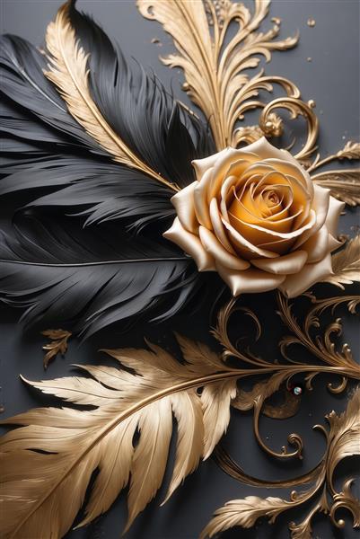 عکس گل رز طلایی و پرهای مشکی برای تابلو دکوراتیو