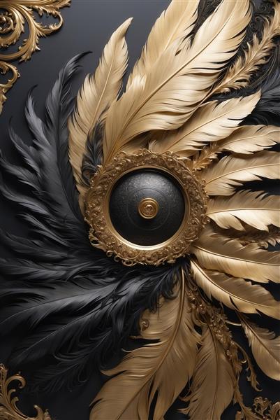 تصویر دایره دکوراتیو با پرهای طلایی مشکی برای سقف و دیوار