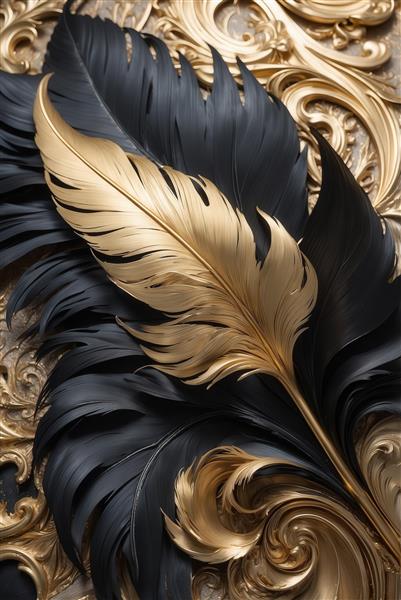 تصویر پرهای مشکی و طلایی کلاسیک برای تابلو دکوراتیو نشیمن