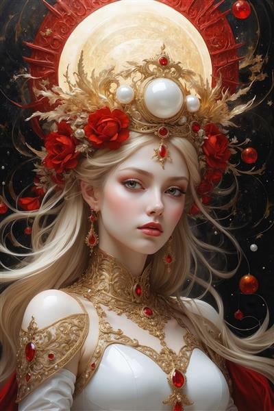 طرح ملکه برفی فانتزی با مروارید و تم رز قرمز