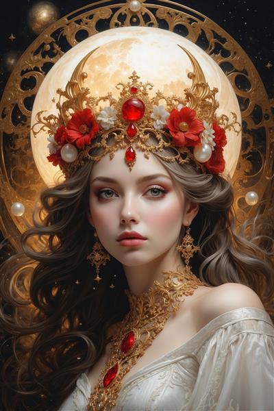 تصویر ملکه فانتزی با تاج طلایی و ماه درخشان