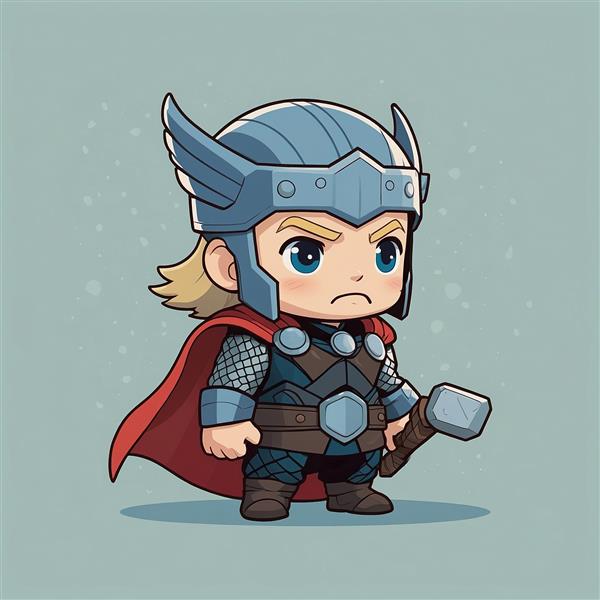 تصویر ثور کارتونی با کلاهخود بالدار کلاسیک و پتک