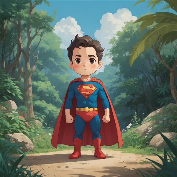 تصویر سوپرمن کارتونی در محیط جنگل و طبیعتبا شنل