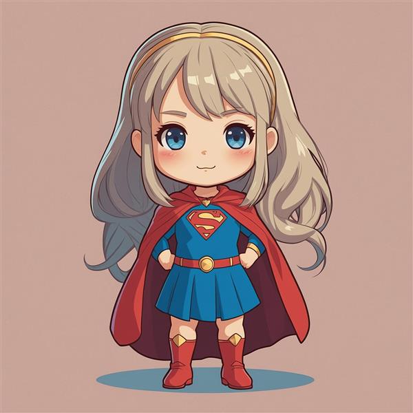 طرح سوپرگرل فانتزی ایستاده با شنل قرمز و موهای بلند