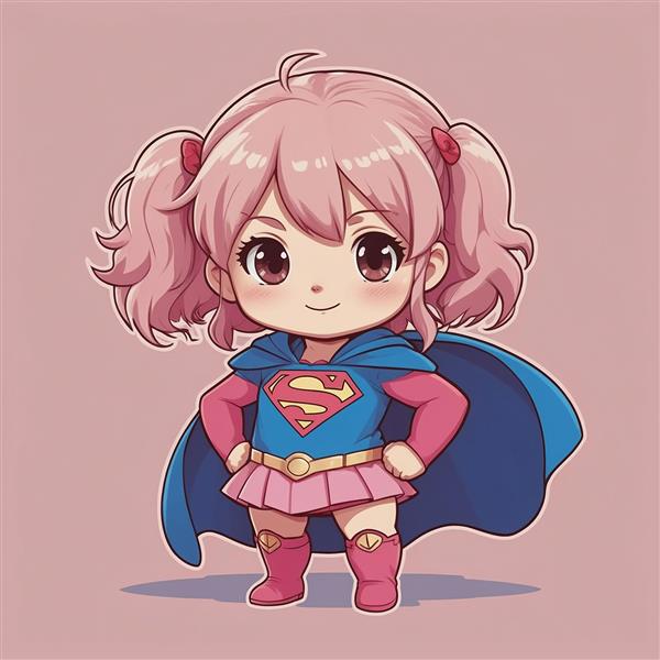 کاراکتر سوپرگرل کارتونی فانتزی با موهای صورتی و شنل آبی