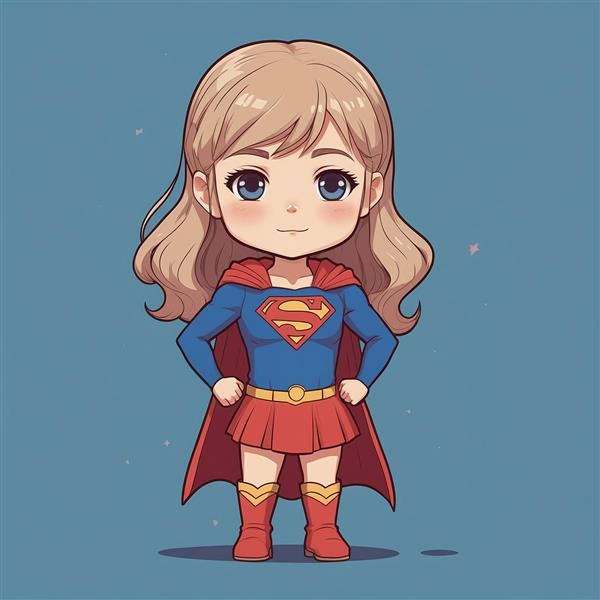 تصویر سوپرگرل فانتزی ایستاده با شنل قرمز و موهای بلوند