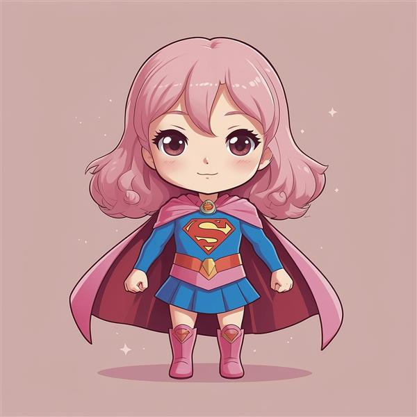 تصویر کاراکتر سوپرگرل چیبی با موهای صورتی موج‌دار
