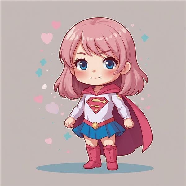 طرح دختر سوپرمن فانتزی با موی صورتی و پس‌زمینه قلبی