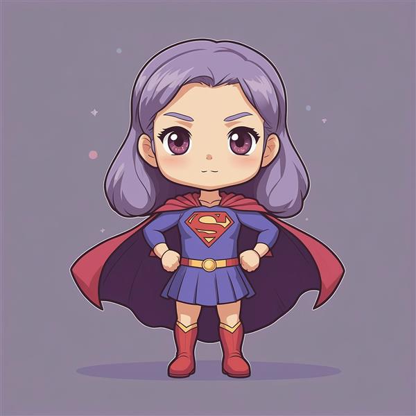 طرح دختر سوپرمن کارتونی با موی بنفش و فیگور قهرمانانه