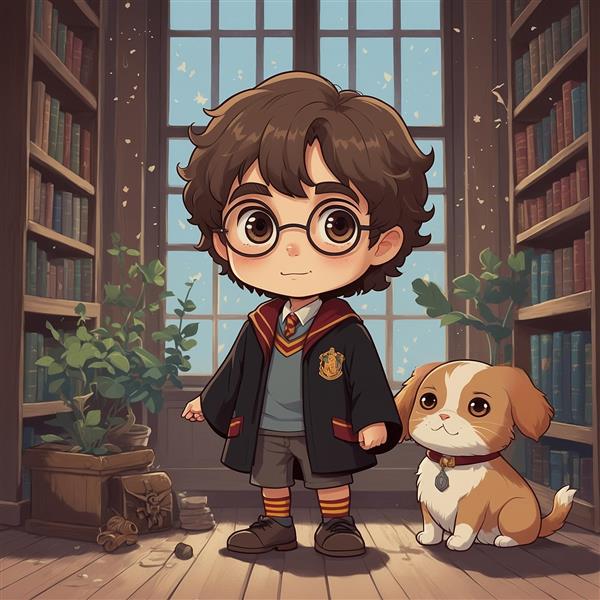 طرح هری پاتر کارتونی در کتابخانه با سگ کوچک