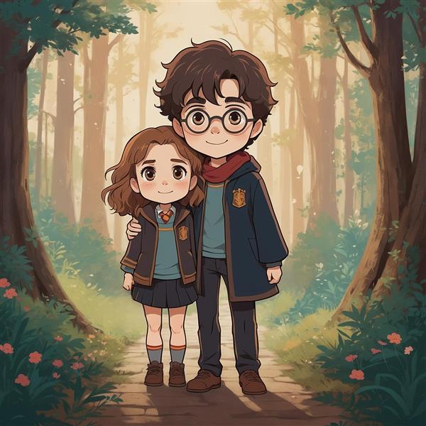 عکس هری پاتر و هرماینی فانتزی در مسیر جنگلی