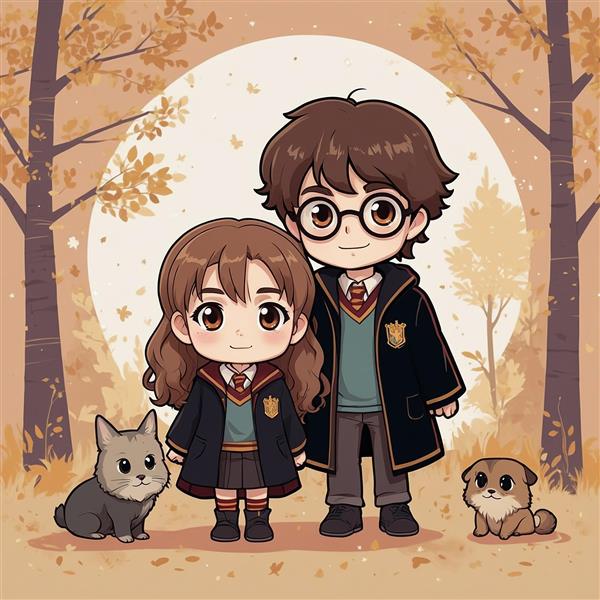 طرح هری پاتر و هرماینی کارتونی در جنگل پاییزی
