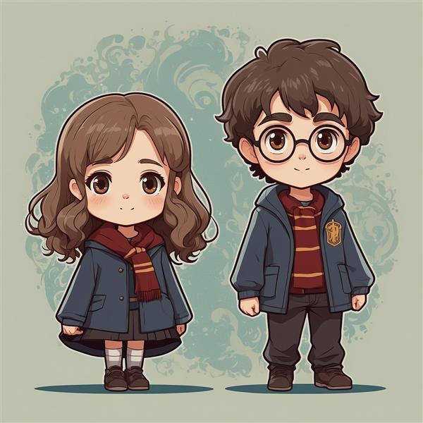 عکس هری پاتر و هرمیون کارتونی با شال‌گردن گریفیندور