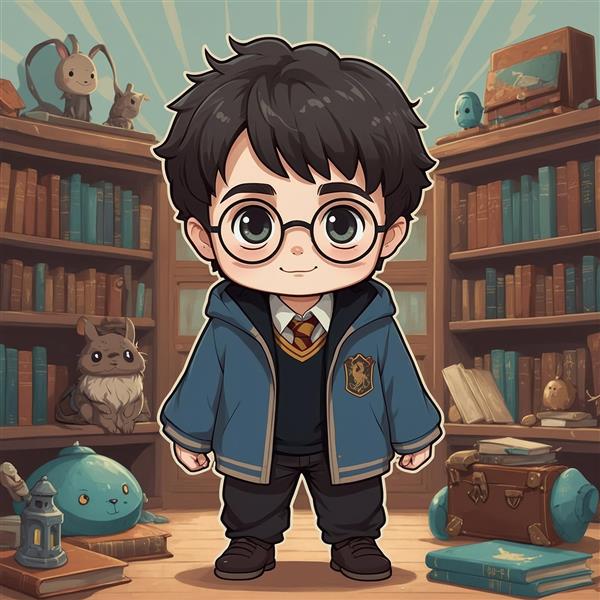 تصویر هری پاتر فانتزی در کتابخانه با وسایل جادویی