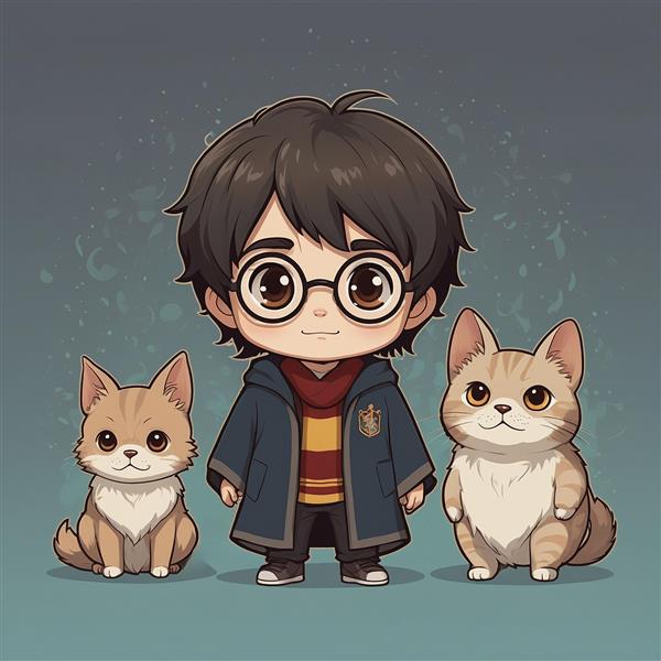 تصویر هری پاتر کارتونی با دو گربه کوچک ملوس