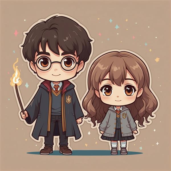 تصویر هری پاتر و هرمیون کارتونی با چوب‌دستی جادویی