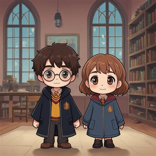 عکس هری پاتر و هرمیون در کتابخانه جادویی هاگوارتز