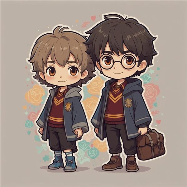 طرح هری پاتر و نویل لانگ‌باتم کارتونی با کیف مدرسه