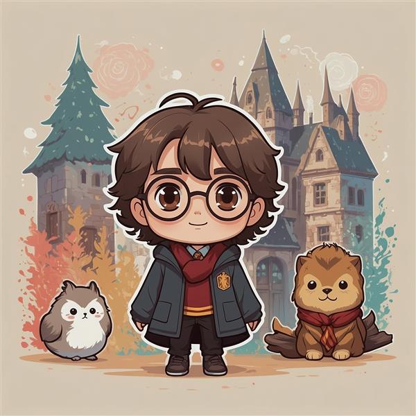 عکس هری پاتر کارتونی با جغد و قلعه هاگوارتز