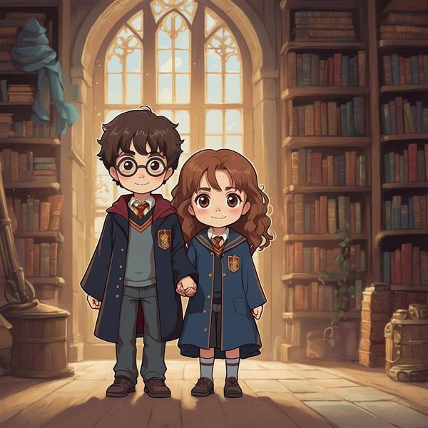 تصویر هری پاتر و هرماینی در کتابخانه بزرگ جادویی