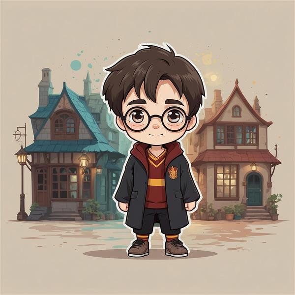 طرح هری پاتر کارتونی مقابل خانه‌های قدیمی هاگوارتز
