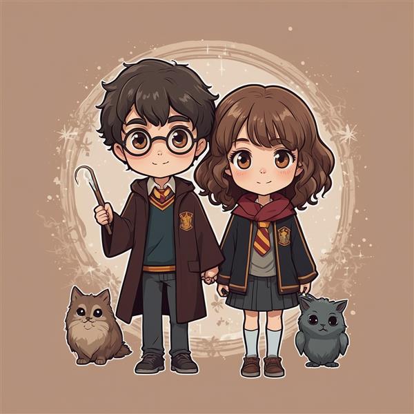 تصویر هری پاتر و هرماینی با حیوانات خانگی جادویی