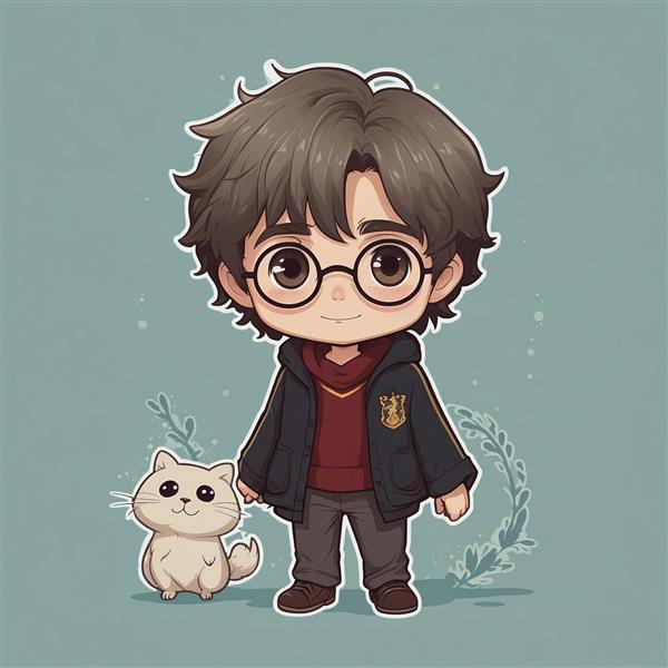 عکس هری پاتر کارتونی همراه با گربه کوچک سفید